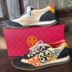 Tory Burch White and Orange Sneakers with Logo Accents